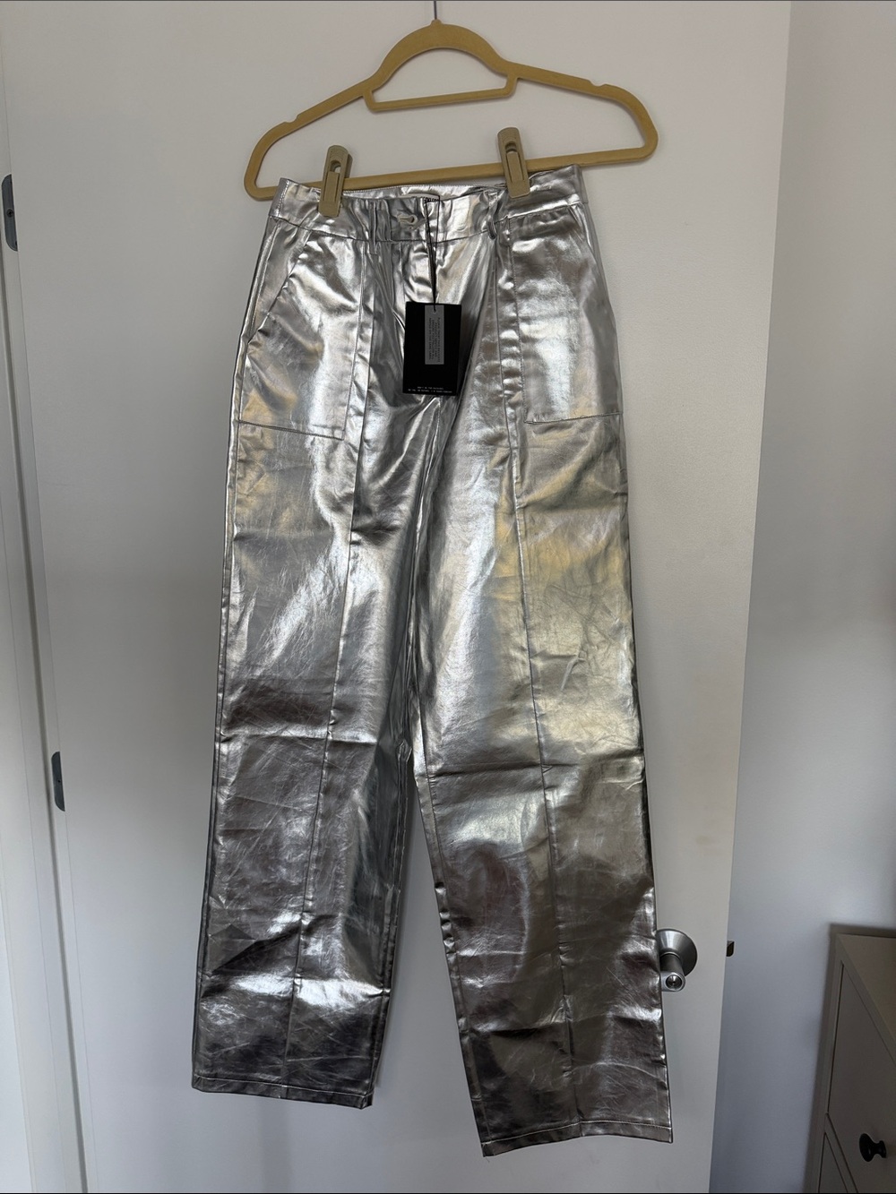 Metallic Silver Wide-Leg Pants